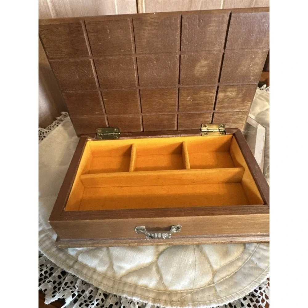 Vintage Carved Wooden Jewelry Box Orange Felt Lined Hinged Lid Box Square Design